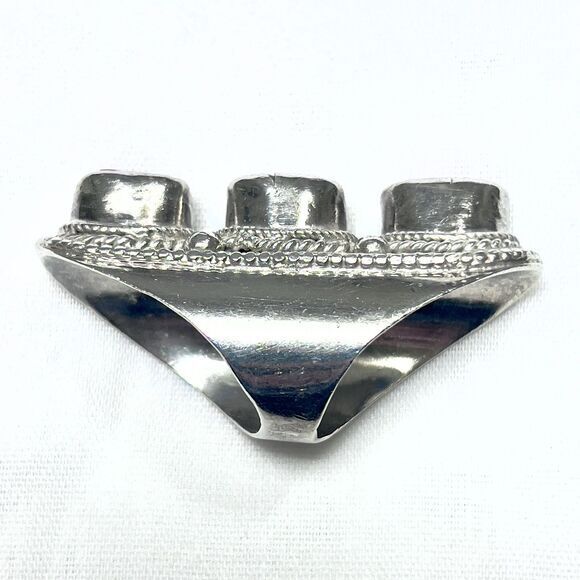 Antique Sterling Silver Red Coral Large‎ Three Stone Saddle Ring Size 6.5 Boho - Picture 5 of 9